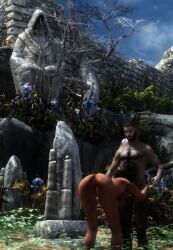 1boy 1girls 3d amren ass ass_up censored censored_eyes legs nonstickypants nude saffir skyrim sucking_penis the_elder_scrolls