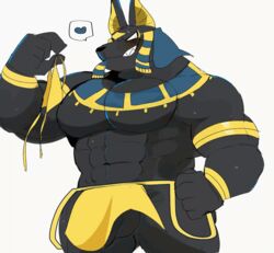 2021 abs animated anthro anubian_jackal anubis balls barely_visible_balls barely_visible_genitalia barely_visible_penis big_muscles bottomwear canid canine canis clothing deity egyptian egyptian_mythology flaccid genitals hand_on_hip headdress heart holding_clothing holding_object holding_underwear hyaku_(artist) jackal loincloth looking_at_viewer loop male male_only mammal middle_eastern_mythology muscular muscular_anthro muscular_male mythology navel pecs penis short_playtime simple_background smile solo standing thong underwear white_background