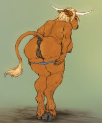 anatomically_correct anatomically_correct_genitalia anatomically_correct_vulva animal_genitalia animal_vulva anthro anus ass bent_over big_breasts blonde_hair bovid bovine bovine_genitalia bovine_vulva breasts brown_body brown_fur cattle clothed clothing cloven_hooves dock_(anatomy) female fingers fur genitals hair hi_res hooved_fingers hooves horn mammal panties panties_down partially_clothed presenting presenting_hindquarters puffy_anus rear_view scarlanya simple_background solo tail tail_tuft tuft underwear underwear_down undressing vulva