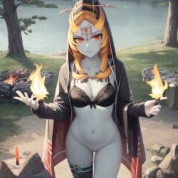 1girls ai_generated big_breasts black_sports_bra breasts clothing female female_only happy long_hair midna ruptuorie shorts solo the_legend_of_zelda twili_midna