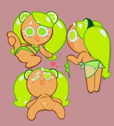 1girls bikini cookie cookie_run cookie_run_ovenbreak green_bikini green_clothing green_eyes green_hair lime_cookie removing_clothing stripping tagme