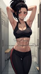 absurd_res ai_generated arms_behind_head black_eyes black_hair cameltoe color divine_muse_designs gym_uniform locker_room momo_yaoyorozu my_hero_academia patreon see-through_bra see-through_clothing sports_bra sportswear stable_diffusion watermark yoga_pants