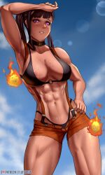 1girls abs bare_arms bare_legs bare_shoulders bare_thighs big_breasts black_hair clothed clothing color en'en_no_shouboutai enen_no_shouboutai female female_focus female_only fire_force fluffydus glowing_eyes hi_res large_breasts light-skinned_female light_skin long_hair muscles muscular muscular_female oze_maki purple_eyes solo solo_female sweat tagme thick_thighs