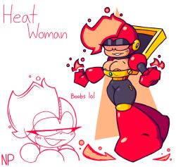 areola_slip areolae big_breasts blush blush_lines breast_focus breasts capcom chest_focus clothed cute exposed_breasts exposed_nipples fire fire_hair flames genderswap_(mtf) heat_man high huge_boobs huge_breasts looking_down_at_self massive_breasts mega_man mega_man(classic) mega_man_2 nipple_bulge nipple_slip nipples nipples_visible_through_clothing nocklepie pyrokinesis robot robot_girl robot_master rule_63