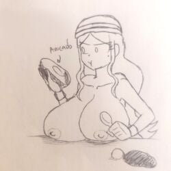 1girls avocado breasts breasts_on_table clara_garcia eating_food female female_only food headband large_breasts long_hair mole mole_under_eye nairod103098 naked_headband navel nipples nude sketch solo spoon sweatband tagme training wristband