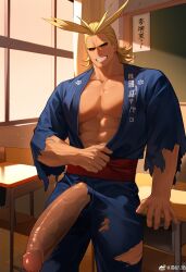 ai_generated all_might alpha_male big_penis blonde_hair classroom clothed clothing cock ctst4r exposed_penis highres huge_cock long_penis male male_focus male_only massive_penis muscles muscular muscular_male penis penis_focus penis_through_fly ripped_clothing shiny_penis smile solo solo_male torn_clothes torn_clothing