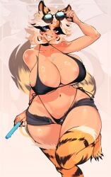 areolae big_breasts bikini bikini_bottom bikini_top black_swimsuit blonde_hair blue_eyes breasts breasts_bigger_than_head cherrytoragao dark-skinned_female dark_skin heterochromia huge_breasts indie_virtual_youtuber large_breasts latam_virtual_youtuber nipple_bulge nipples orange_eyes sachiko short_hair shorts summer sweatdrop swimsuit tiger_ears tiger_girl tiger_stripes tiger_tail twitch virtual_youtuber vtuber wide_hips