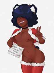 1boy 1femboy 2023 2d 2d_(artwork) afro animal_ears balls ballsack black_hair christmas christmas_clothing christmas_outfit comission covered_eyes dark-skinned_femboy dark-skinned_male dark_body dark_hair dark_male_only dark_nipples dark_penis dark_skin ear_piercing femboy femboy_only feminine_male gay gay_male gay_slut hair_covering_eyes hair_over_eyes kemonomimi looking_at_viewer looking_pleasured male male_only naked naked_male nipples oc olivine-likes-olives original original_character panda_ears panda_tail peace_sign penis pierced_ear piercing prostitution red_legwear sign small_penis smile smiling_at_viewer solo standing tail testicles thighhighs twink vexha_(pandafemboy) white_background