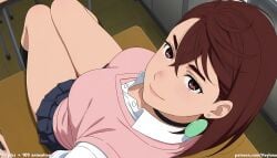 1girl 1girls absurd_res ai_assisted ai_generated anime blush brown_hair choker classroom cleavage collared_shirt curvaceous curvy curvy_figure dandadan from_above green_earrings high_resolution highres hourglass_figure large_breasts light-skinned_female looking_at_viewer lying momo_ayase on_desk patreon patreon_logo patreon_username pink_sweater red_eyes school_uniform short_hair skirt smile sweater_vest voluptuous white_shirt