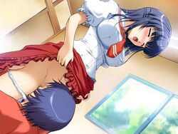 ayakashi ayakashi_h blue_hair blush breasts censored closed_eyes cunnilingus cunnilingus_in_skirt dutch_angle frills game_cg knighthood kusaka_yuu large_breasts long_skirt open_mouth oral panties panty_pull pussy sailor_collar school_uniform serafuku sex shiragami_kikuri skirt skirt_lift standing tears toma_(asagayatei) underwear white_panties window