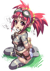 arms_behind_back belt bondage clothing cum dinosaur_king facial goggles panties red_eyes red_hair ribbon sentape stockings striped striped_panties tatsuno_malm thighhighs tied tied_hair torn_clothes translation_request twintails underwear