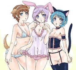 3girls amuro_ray animal_ears artist_request blue_eyes bra breasts brown_hair bunny_ears bustier camisole cat_ears cat_tail cleavage collar dog_ears dog_tail female flat_chest garma_zabi garter_belt gundam kamille_bidan light-skinned_female light_skin lingerie midriff mobile_suit_gundam nipples no_panties panties purple_hair pussy rule_63 short_hair source_request striped striped_panties tail thighhighs underwear year_request zeta_gundam