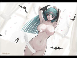 ark armpits bat bats breasts capcom censored convenient_censoring curvy darkstalkers demon_girl feathers huge_breasts large_breasts long_hair medium_breasts morrigan_aensland nude succubus wallpaper