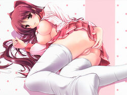 blush breasts brown_eyes clothing highres kousaka_tamaki large_breasts open_clothes open_shirt ponz pussy red_hair school_uniform serafuku shirt skirt stockings thighhighs to_heart_(series) to_heart_2 uncensored