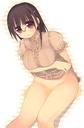 1girls arima_senne blush brown_eyes brown_hair clothing female female_only glasses human kashiwamochi_yomogi looking_at_viewer no_panties original peeing pubic_hair solo urine wakamezake watersports white_background white_skin