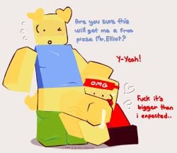2boys accurate_robloxian artist_name big_penis blocky_body blush cum_drip dialogue elliot_(forsaken) english_text forsaken_(roblox) gay hearts horny male meepware noob_(forsaken) pants_down penis penis_out roblox roblox_game robloxian source_request sweat tagme text watermark
