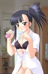 black_hair bottomless bra brown_eyes clothing count_zero dress_shirt egg_vibrator lingerie mahou_sensei_negima mahou_sensei_negima! no_panties open_clothes open_shirt pussy sakurazaki_setsuna shirt side_ponytail uncensored underwear vibrator