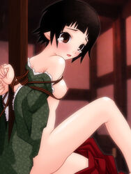 arms_behind_back black_hair blush bondage bottomless bound breast_bondage breasts brown_eyes count_zero hakama highres japanese_clothes nipples open_clothes open_shirt sayonara_zetsubou_sensei shirt tears tsunetsuki_matoi