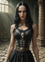 ai_art ai_generated alice_(madness_returns) black_dress breasts eye_shadow female female_focus female_only goth_girl green_eyes hypnotic_eyes leather_belt medium_breasts phizben skinny_female steampunk studded_leather sun_rays temple
