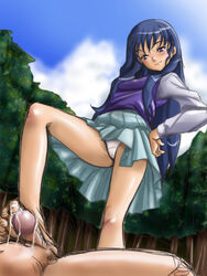 1boy 1girls bad_feet barefoot blue_hair cum domination feet female femdom footjob forest hands_on_hips human long_hair looking_down male menori menori_visconti mujin_wakusei_survive panties pantyshot penis purple_eyes small_penis standing standing_footjob uncensored underwear upskirt