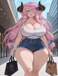 ai_generated blue_eyes curvy denim_shorts female granblue_fantasy large_ass large_breasts luckypathai narmaya_(granblue_fantasy) outdoors pink_hair shopping_bag solo_focus white_shirt