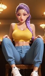 1girls ai_generated bare_arms bare_breasts bare_shoulders braid braided_hair breasts brown_eyes cleavage crop_top eyebrows eyelashes eyeliner eyeshadow female hi_res kpop_demon_hunters large_ass large_breasts lipstick petite petite_body petite_female purple_hair pussy pussy_juice pussy_juice_drip rumi_(kpop_demon_hunters) sitting_on_chair sneakers solo solo_female solo_focus tanned tanned-skinned_female tanned_body tanned_female tanned_girl tanned_skin thick_thighs trousers waifufamily