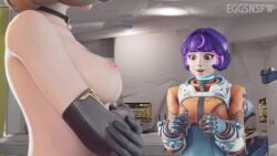 2girls 3d animated blizzard_entertainment blonde_hair bouncing_breasts breasts breasts_out eggsnsfw female formalwear_mercy gloves half-dressed juno_(overwatch) looking_at_partner mercy nipples overwatch purple_hair shoulders skin_tight sound suit tagme video watching