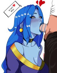 1boy 1girls ahe_gao big_breasts black_choker blowjob blue-haired blue-skinned blue_lipstick blue_skin breasts choker cleavage close-up clothed clothed_sex deepthroat dress drooling earrings ecstasy eyebrows eyelashes eyes_rolling_back fanart fellatio female gold_accents gold_earrings hair heart hearts_floating jewelry light-skinned_male light_blue_hair light_blue_skin lips lipstick_mark lipstick_mark_on_penis lipstick_on_penis lipstick_ring long looking_up makeup male neckline off_shoulder onlywaifu oral penis penis_in_mouth pleasure_face saliva saliva_on_breasts saliva_trail straight strap_slip text white_background yellow_eyes