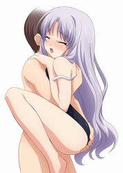 1boy 1girls ass ass_grab azmaria_hendric barefoot blush chrono_crusade closed_eyes female high_resolution hug lavender_hair long_hair male one-piece_swimsuit open_mouth pussy_juice saliva school_swimsuit sex silver_hair simple_background straight strap_slip sugimura_tomokazu swimsuit uncensored very_long_hair white_background