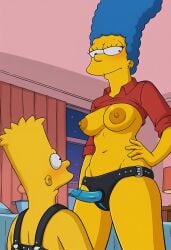 ai_generated bart_simpson blush breasts breasts_out female hi_res imminent_pegging imminent_penetration kinkosaurus_ large_areolae marge_simpson mommy mommy_dom mommy_kink mother_and_son smirk stern_expression strap-on the_simpsons