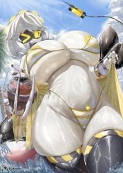 1girls beach beach_background beach_towel big_boobs big_breasts big_thighs bikini bikini_top breasts epokguyz female female_focus female_only glitch_productions gray_hair j_(murder_drones) murder_drones palm_tree sega sonic_(series) tail thick_thighs tounge_out v_(murder_drones) yellow_eyes