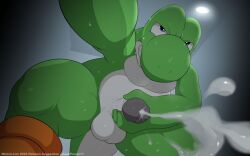 2025 absurd_res angry angry_face balls big_penis cum cum_splatter cumshot dinosaur green_body green_skin green_yoshi hi_res male male_only mario_(series) masturbation muscular muscular_male nintendo orange_shoes penis penis_grab shooting_cum solo solo_male super_mario_bros. sweatdrop sweating tail testicles winick-lim yoshi