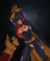 1girls barbara_gordon batgirl batman_(series) blue_eyes bodysuit bondage bound breasts cape clamps cowl dc dc_comics female heroineaddict large_breasts long_hair male mask nipple_clamps nipples pussy red_hair restrained tagme torn_clothes vagina