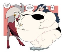 2girls bbw belly blue_hair earrings eda_clawthorne fat fat_female fat_fetish female gold_tooth grey_hair lilith_clawthorne massive_belly obese obese_female overweight overweight_female scale sisters superspoe the_owl_house