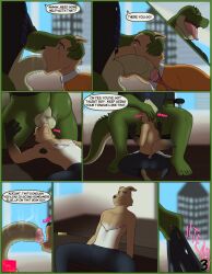 absurd_res adam_(rosycoyote) alligator alligatorid anthro ass balls bodily_fluids body_hair canid canine canis coyote crocodilian cuntboy cuntboy/male deep_throat duo english_text eye_scar facial_scar fur genitals hi_res humanoid_genitalia humanoid_penis intersex intersex/male interview kneeling larger_male male mammal muscular muscular_male musk musk_clouds nipples open_mouth oral oral_penetration penetration penis reptile rosycoyote scalie scar size_difference speech_bubble tail text tongue tongue_out