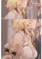 1boy 1girls aglaea_(honkai:_star_rail) balls bar_censor blonde_hair blowjob blush caelus_(honkai:_star_rail) censor_bar censored choker dress fellatio female flower heart honkai:_star_rail male onomatopoeia oral oral_sex panels pants penis saliva saliva_drip short_hair testicles yomiji292