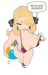 1girls artist_logo beach_ball bikini bikini_top black_nails blonde_female blonde_hair blue_eyes breasts cynthia_(pokemon) dialogue english english_text female female_only from_above hair_over_one_eye holding_object marsupialman milf pink_lipstick pokemon pulling_bikini_string sandals seductive seductive_look shiny_breasts shiny_skin simple_background solo solo_female speech_bubble text thick_thighs white_background