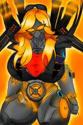 breasts clothed core famasex10000_(artist) female huge_breasts humanized microphone orange_background orange_eyes orange_hair_female orange_light robot_girl robot_joints skibidi_toilet skibidi_wars thick_thighs titan_sonar_woman