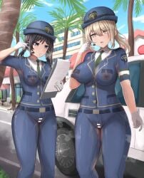 2girls background big_breasts body_paint bodypaint breasts cap censored censored_pussy completely_nude completely_nude_female cop cop_hat cop_outfit cop_uniform day daytime earpiece false_clothes female female_only headset_microphone mole_under_mouth navel nipples nude nude_female original outdoor_nudity outdoors painted_clothes police police_car police_hat police_uniform policewoman public public_nudity thick thick_thighs thighs tsunakama