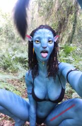 ahe_gao ai_generated alien alien_girl areola_slip avatar blue_skin bra breasts breasts_out female interspecies neytiri rower selfie tongue_out