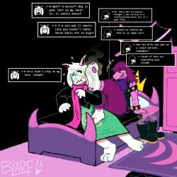 1boy 1girls 2_horns 3_toes 4_fingers 5_fingers 5_toes anthro anthro_female anthro_male anthro_on_anthro axe barefoot bed bedroom black_boots black_vest black_wall blarf022 blush blushing_male boots boots_removed breasts bully bullying carpet deltarune dinosaur dinosaur_girl dinosaur_humanoid disgusted door drool drooling feet feet_up female floor foot_fetish foot_focus foot_in_face foot_on_crotch footwear footwear_removed fully_clothed fur furry glasses goat goat_ears goat_horns green_glasses green_robe hair hair_over_eyes heart_on_clothing holes_in_socks horns lizard_girl lizard_humanoid male medium_breasts one_eye_closed pants paws pink_horns pink_scarf purple_carpet purple_door purple_feet purple_floor purple_hair purple_hair_female purple_pants purple_shirt purple_skin purple_skinned_female ralsei robe rude scarf sharp_teeth sharp_toenails shirt shoulder_length_hair sitting sitting_on_bed smell smelly smelly_feet smelly_socks smirk snout socks spiked_bracelet susie_(deltarune) talking_to_viewer teasing text text_box toe_claws tomboy torn_socks vest wall white_fur white_paws white_socks yellow_teeth yellow_toenails