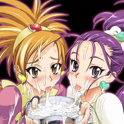 2girls blonde_hair blush bow bowl bukkake clothing cum cum_drinking cum_in_container cum_in_mouth cum_on_tongue cum_pool cum_string cumpool cure_bloom cure_egret facial female female_only futari_wa_precure_splash_star gokkun hair hair_held_back hyuuga_saki inazuma magical_girl mishou_mai multiple_girls plate platter precure pretty_cure purple_hair ribbon satou_shouji tongue