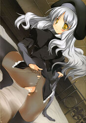 caren_ortensia censored fate/hollow_ataraxia fate/stay_night fate_(series) hat highres pantyhose pussy silver_hair type-moon yellow_eyes