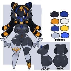 armwear bimbo_lips black_body blonde_highlights blue_eyes blue_highlights blue_lips blue_lipstick breasts clothing color_swatch dreadlocks ear_piercing elbow_gloves english_text female gardevoir generation_3_pokemon genitals gloves gold_(metal) gold_jewelry golden_markings grey_markings handwear hi_res highlights_(coloring) horn humanoid jewelry lips lipstick luscious_lips makeup markings nintendo nipple_piercing nipples nude piercing pokemon pokemon_(species) shiny_pokemon solo text therhn-2 thick_thighs vulva wafiya_(nickzilla) wide_hips