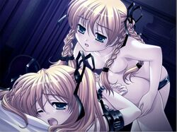 2girls arms_behind_back blonde_hair blue_eyes blush bondage bound bound_arms bound_wrists braid breasts chains cuffs dildo doggy_style female femdom from_behind game_cg hair_ribbon imi_(shinju_no_yakata) incest itsuki_(shinju_no_yakata) jpeg_artifacts meteor_(company) multiple_girls nipples nude open_mouth ribbon sex shinju_no_yakata siblings sister sisters strap-on tied_hair top-down_bottom-up torso_grab twincest twins twintails wince wink yuri yuyi