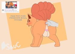 absurd_res anal anal_fingering anal_fluids anus ass backsack balls big_butt blush bodily_fluids chastity_cage chastity_device dialogue disembodied_hand english_text feral fingering flat_colors generation_1_pokemon genitals hi_res male nintendo onesaucydragon perineum pokemon pokemon_(species) raised_tail rear_view simple_background tail text tongue tongue_out vulpix