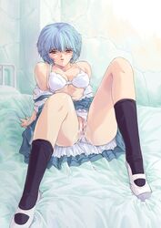 bed blue_hair bra clothing highres lingerie neon_genesis_evangelion orange_peels panties panties_aside pussy red_eyes rei_ayanami school_uniform smooth_skin uncensored underwear