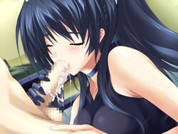 blue_hair blush censored choker choukou_(alicesoft) choukou_sennin_haruka closed_eyes clothed_female_nude_male clothing cum cum_in_mouth cum_string fellatio female game_cg gloves hair human humanoid long_hair male onigirikun oral penis ponytail straight subaru_(choukou_sennin_haruka) tied_hair