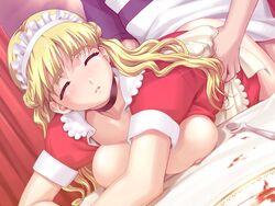 1boy 1girls blonde_hair blush boin breast_press breasts choker cleavage closed_eyes doggy_style female from_behind game_cg happoubi_jin large_breasts long_hair maid_headdress male nipples open_clothes open_shirt resort_boin sex shirt straight sweat torso_grab tsukushino_mitsugu waitress