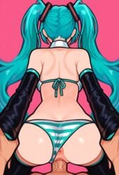 1boy 1girls anus aqua_hair arm_grab arm_held_back artist_name ass ass_focus back backboob bare_shoulders bent_over bikini bikini_bottom_aside black_sleeves black_thighhighs blue_hair blue_panties bra breasts clothed_female_nude_male clothed_sex clothing_aside detached_collar detached_sleeves doggystyle facing_away from_behind green_hair hair_ornament hatsune_miku hetero holding_another's_wrist long_hair long_sleeves nude panties panties_aside penis pink_background pov pov_crotch pov_hands puckered_anus pussy sex sex_from_behind shoulder_blades simple_background solo_focus standing_sex string_bikini striped_bikini striped_bra striped_clothes striped_panties swimsuit thighhighs thong_aside twintails uncensored underwear vaginal veins veiny_penis very_long_hair vocaloid white_bikini white_panties